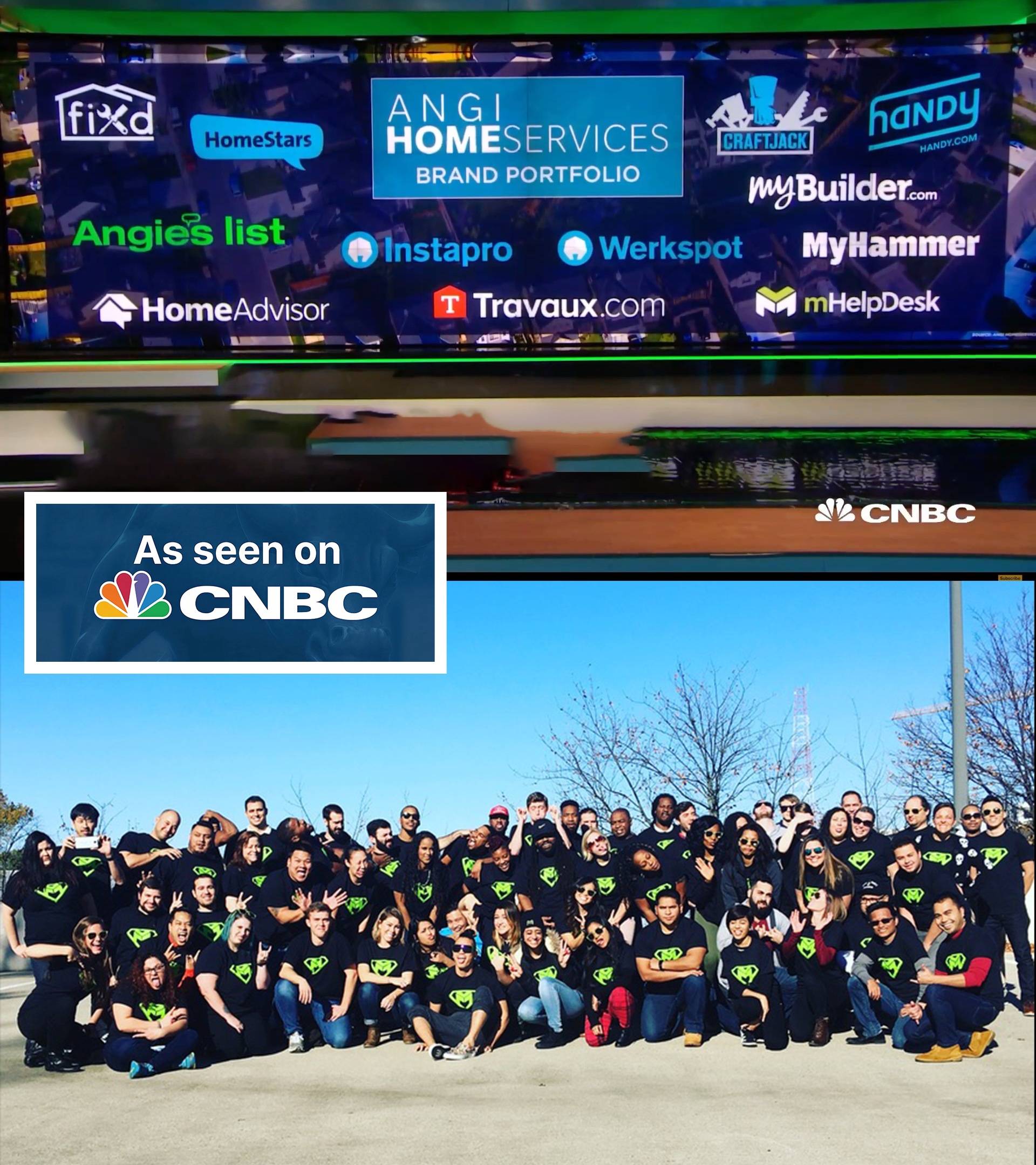 CNBC screenshot showing Angi HomeServices brand portfolio including mHelpDesk